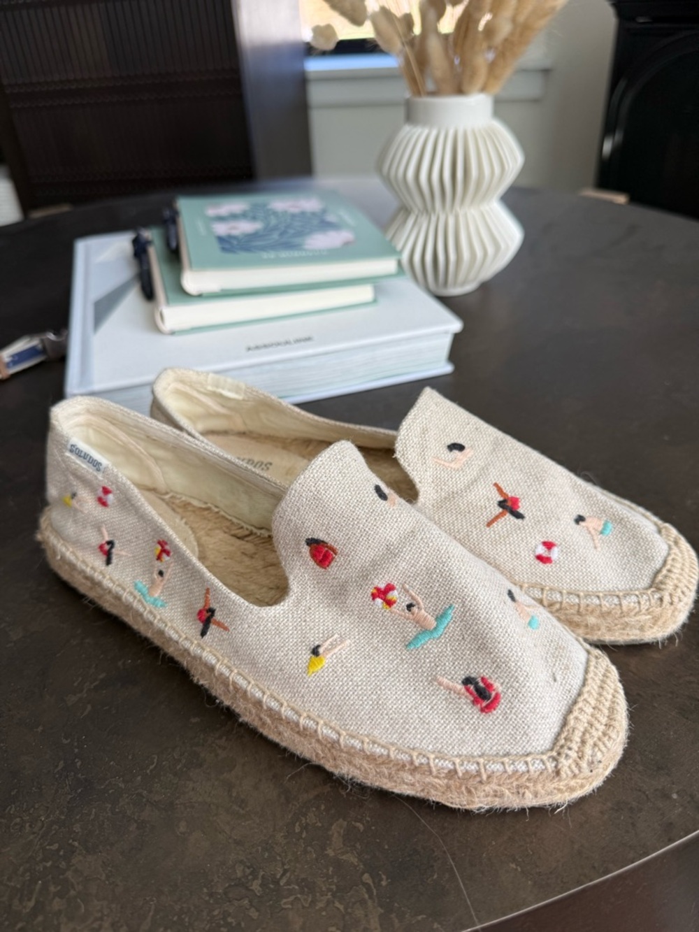 Soludos Beige Espadrille Flats with Multicolor Embroidered Motifs